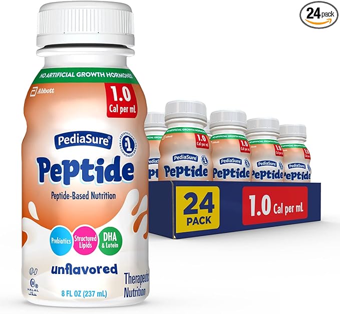 PediaSure Peptide 1.0 Cal, Peptide-Based Formula, Sole-Source Nutrition Drink for Tube Feeding or Oral Nutrition, Unflavored, 8-fl-oz Bottle, Pack of 24