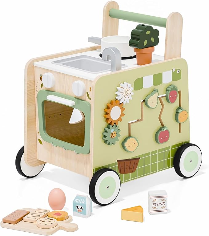 Baby Push Walker -Wooden Push Walker Montessori Toy- Toddler Learning Activity Walker for Girls Boys 1-3 Years - Pretend Kitchen Playset Ideal for Toddlers（Green ）