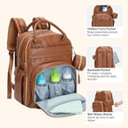 BabbleRoo Leather Diaper Bag Backpack - Baby Essentials Travel Baby Bag, Multi function, Waterproof, with Changing Pad, Stroller Straps & Pacifier Case – Unisex, Natural Brown