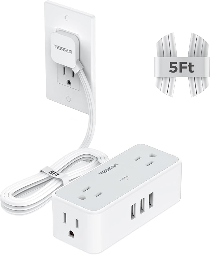 Ultra Thin 5FT Flat Extension Cord, TESSAN Surge Protector Flat Plug Power Strip, 4 Wide Spaced AC Outlets 3 USB A, 900 Joules Protection, Suitable for Home Office Dorm