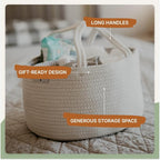 Parker Baby Rope Diaper Caddy Organizer - Nursery Storage Bin and Car Organizer for Diapers and Baby Wipes - Diaper Organizer for Baby Essentials, Baby Shower Gifts - White