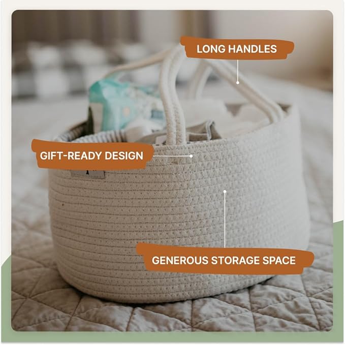 Parker Baby Rope Diaper Caddy Organizer - Nursery Storage Bin and Car Organizer for Diapers and Baby Wipes - Diaper Organizer for Baby Essentials, Baby Shower Gifts - White