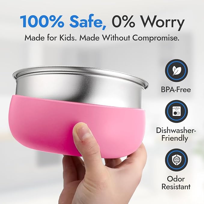 Stainless Steel Bowls with Removable Soft Silicone Sleeves | BPA-Free, Non-Toxic, Non-Slip, Stay-Put | Perfect for Kids, Toddlers & Babies | Ideal for Cereal, Snacks & Meals | 4 Pack