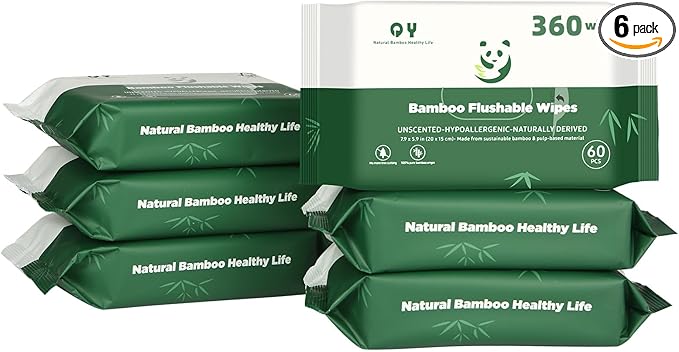 Bamboo Flushable Wipes,Septic Safe,Soft, Soothing Botanicals & Aloe, Unscented,Eco Friendly, Natural Brown Bamboo-Pulp Based Flusable Wipes for Women/kids/Adults 360Count (6 Packs of 60)