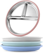 Stainless Steel Toddler Plate with Suction, 8” Divided Plates with Removable Silicone Sleeves for Baby, Non Toxic Unbreakable Kids Snack Dishes Set of 4, Sage Blue Gray Blush