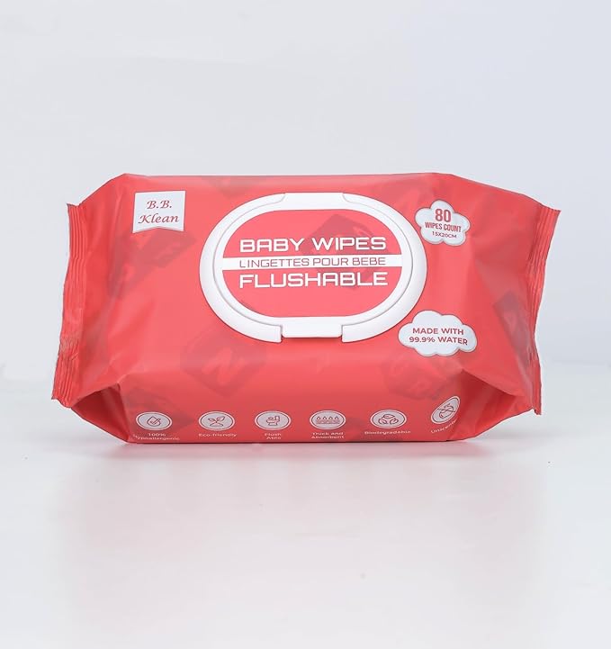 B.B. Klean Flushable Baby Wipes | Hypoallergenic | Sensitive Skin | Thick & Absorbent | Durable | Unscented | 99.9% Water | Eco-Friendly | 80 Wipes Inside (4)