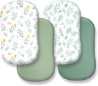 4 Pack Sage Green Fitted Nursery Sheets Breathable Neutral Unisex Baby Sheets for Boys or Girls with Leaf and Flower Design (Bassinet)