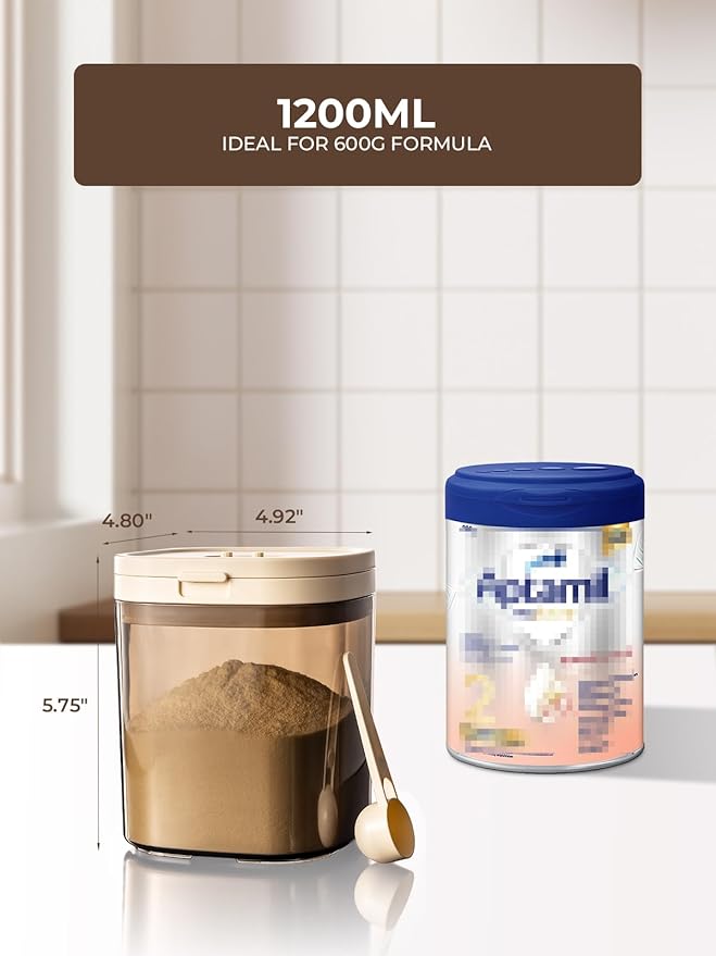 Travel Formula Dispenser, 1200ml Portable Milk Powder Container Formula Holder, Flip Top Formula Container to Go with Magnetic Spoon & Date Marker, 21OZ, 1.32LB, 600g, Brown