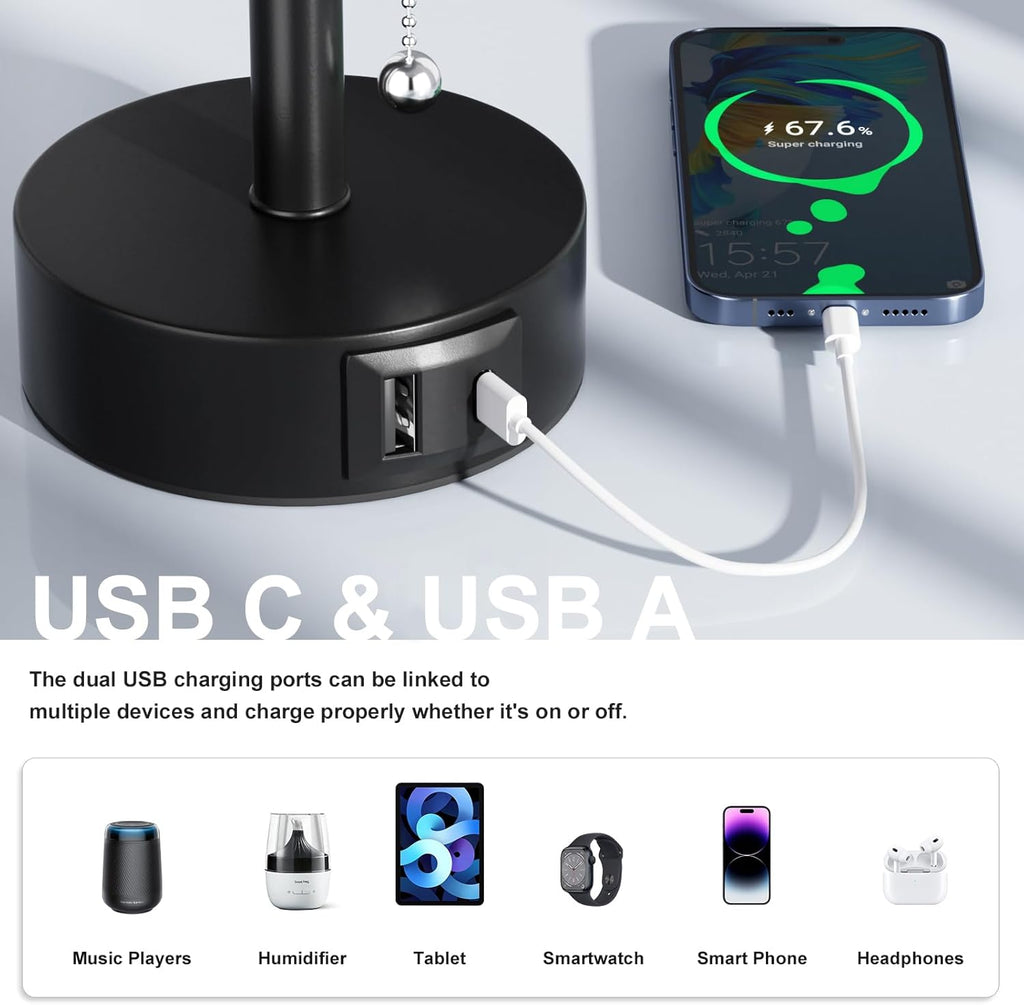 USB Bedside Table Lamps Set of 2-3 Color Temperatures Pull Chain Lamp with USB C and A Charging Ports, Round Night Stand Lamps for Bedroom