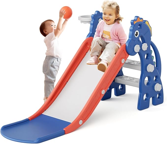 67i Toddler Slide for Indoor & Outdoor Play with Basketball Hoop, Anti-Slip Steps, 46.8in Baby Climber (Blue)