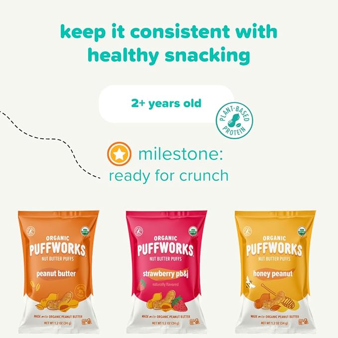 Puffworks Baby Peanut and Almond Variety Pack, Perfect for Early Peanut Introduction, Plant Protein, USDA Organic, Gluten-Free, Vegan, Non-GMO, Kosher, 0.5 Ounce (Pack of 12)