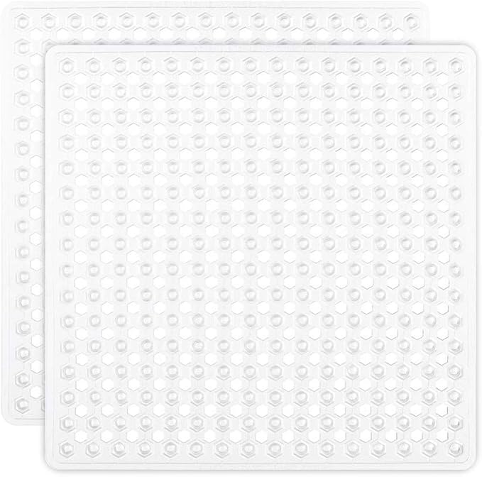 GORILLA GRIP Patented Square Shower Stall Mat, Small Bathtub Floor Mats for Stand Up Showers, Suction Cups and Drainage Holes, Machine Wash, Soft on Feet, Bathroom Accessories 21x21 Inch, 2 Pack White
