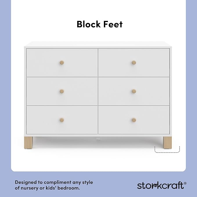 Storkcraft California 6-Drawer Double Dresser (White with Driftwood) - GREENGUARD Gold Certified, Interlocking Drawer System, Dresser Drawer Organizer for Kids Bedroom