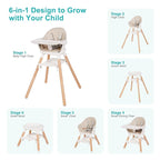 Baby High Chair, 6 in 1 Wooden Convertible High Chairs for Babies and Toddlers, Booster Seat with Double Tray & Reversible Footrest Baby Highchair, 5-Point Harness Baby Feeding Chair, Beige