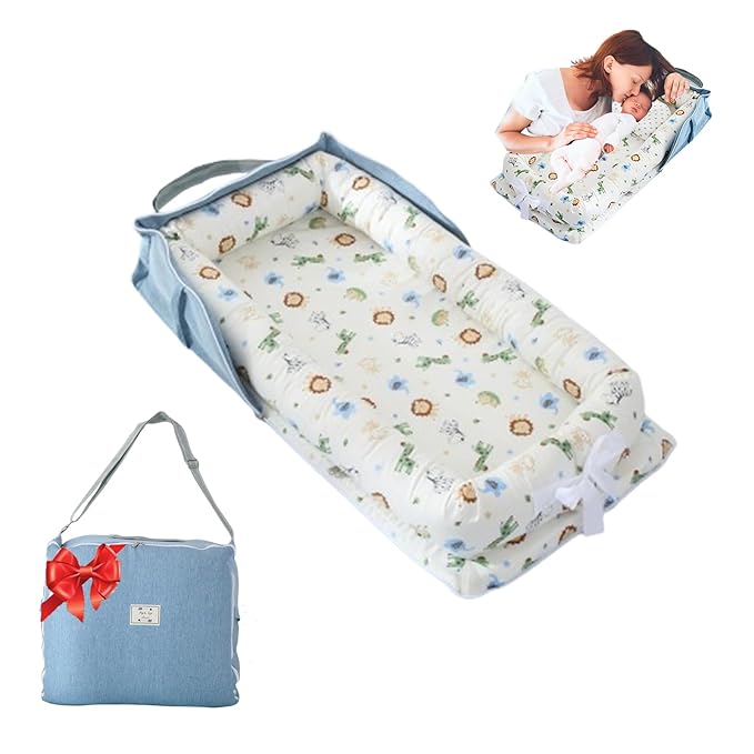 Baby Lounger for Newborn Portable Bag,Baby Nest Play Gym mat with Strap,Newborn Lounger Adjustable Size & Inner Zipper Lengthen Space to 24 Months,Animal World Blue