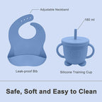Silicone Baby Feeding Set | Baby Led Weaning Supplies Includes Suction Bowls and Divided Plates, Adjustable Bib, Baby Utensils Spoons and Forks,Cup | Baby Feeding Essentials (Deep Blue)