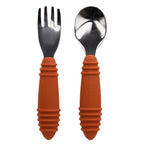 Bumkins Toddler Utensils, Kids Size Fork and Spoon Set, Silicone and Stainless-Steel Training Silverware, Angled Forks/Sporks for Self-Feeding, Children Hold Learning to Eat, 18 Months Up, Clay