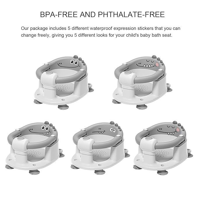 TPN Baby Bath Seat for Babies 6 Months & Up, Non-Slip Toddler Bath Seat with 5 PCS Waterproof Emoji Stickers, Portable Infant Bath Seat for Baby(Grey)