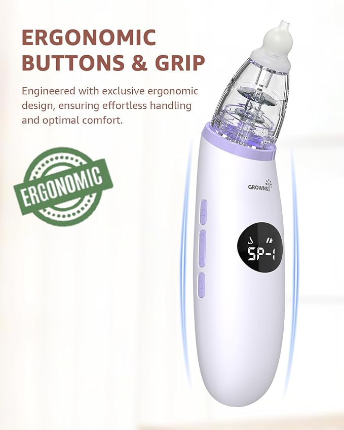 GROWNSY Nasal Aspirator for Baby | Baby Nose Sucker | Electric Nose Suction for Toddler, Ergonomic Booger Sucker with 3 Silicone Tips, Music & Light Soothing Function(Purple)