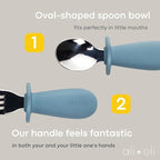 Ali+Oli Spoon & Fork Learning Set for Toddlers (Powder Blue) 6m+ Grab Easy BPA Free Food-Grade Silicone Handle, Kids Silverware Self Feeding Baby Utensil, Multi-stage Baby Feeding Set Ergonomic Design