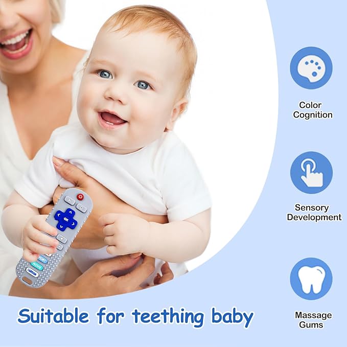 3 Pack Baby Teething Toys, Silicone Baby Teething Remote&Teether Toys for Babies 6-12 Months,BPA Free,Easy-Grip Chew Remote Control Toy for Boys Girls Birthday Christmas Gifts(Blue&Grey&Beige)
