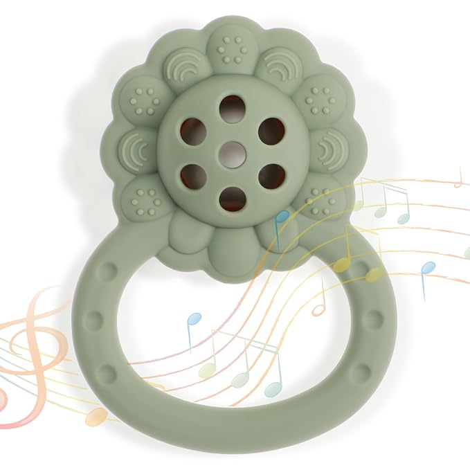 Rattle Teether, Lion Shape Montessori Baby Sensory Teething Toys, Food Grade Silicone BPA Free, Newborn Essentials Must Haves (Shifting Sand Sage)