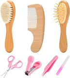 Goat Baby Hair Brush Set, Wooden Comb Massage Scalp Comb, Safe Natural Hair Care Kit, Soft Silicone Bath Brush for Newborns Toddlers (Brush Set+ Massager)