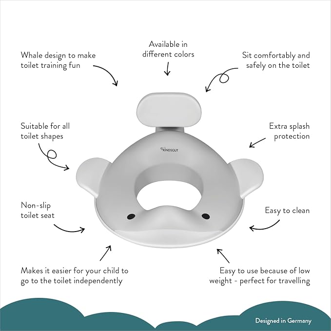 Kindsgut Potty Training Seat in whale design, designed in Germany, suitable for all toilet shapes non-slip toilet seat, Light Grey