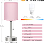 Pink Bedroom Lamp for Bedside - 3 Color Temperatures Desk Lamp with USB C and A Ports, Pull Chain Table Lamp with AC Outlet, Nightstand Lamp with Silver Metal Base for Kids Girls