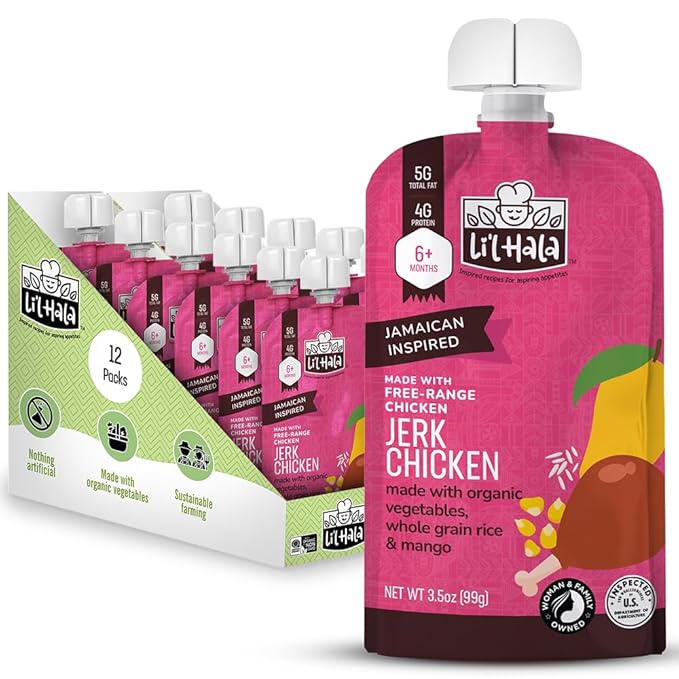 Li’l Hala Jerk Chicken Baby Food Pouches – Free-Range Chicken & Organic Veggies – Toddler Meals with Meat – Protein & Healthy Fats Puree – No Hormones – 6+ Months – 3.5 oz (12 Pack)