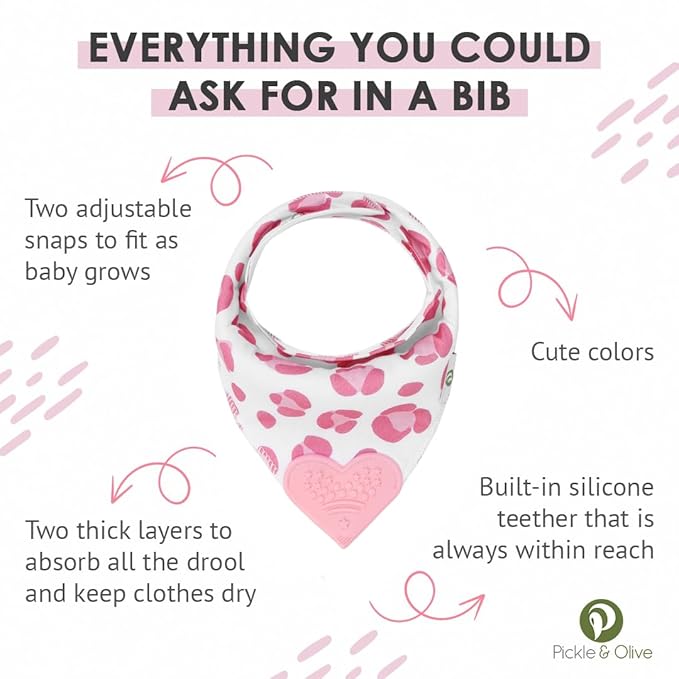 Pickle & Olive - Baby Bandana Girl Teething Bibs with Attached Silicone Teether - Set Of 4 -Leopard