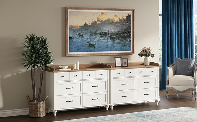 WAMPAT Dresser for Bedroom with 12 Drawers, White Baby Dressers with Wide Chest of Drawers, Mid Century Modern Wooden Kids Closet Storage Organizer, Large Dressers for Living Room, Nursery, Hallway