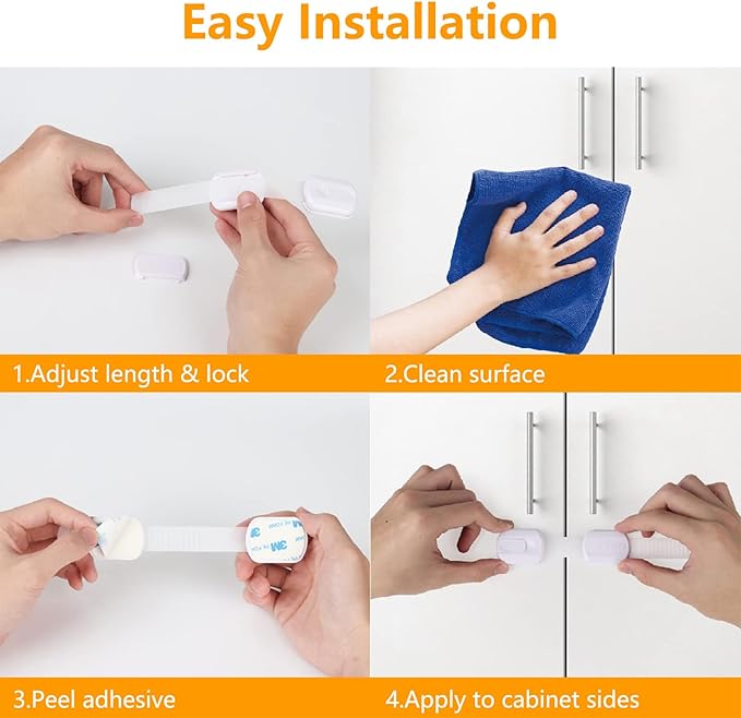 6-Pack Baby Proof Cabinet Locks – No Drill Adjustable Safety Straps for Fridge, Oven, Toilet Seat, Drawers & Doors | Child & Pet Proofing, Multi-Purpose Home Security