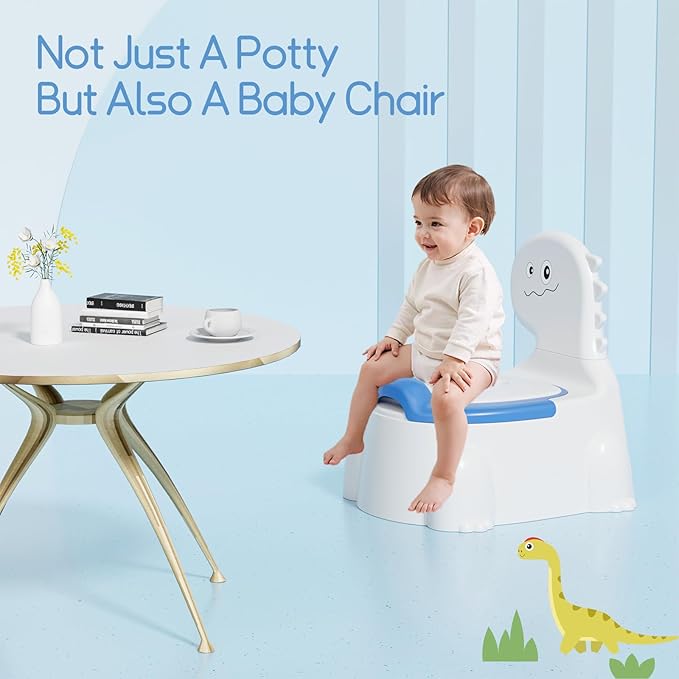 Potty Training Toddler Toilet Seat, Toilet Potties Training for Children Infant Baby Dinosaur Potty Chair with Splash Guard, Lid, Comfortable Backrest Portable Travel Potty (Blue/White)