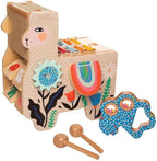 Manhattan Toy Musical Llama Wooden Instrument for Toddlers with Maraca, Clacking Saddlebags, Drumsticks, Washboard & Xylophone