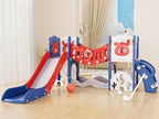 YUFU Toddler Slide Set, 11 in 1 Kids Slide for Toddlers 1-3, Toddler Playset with Climbing Bridge, Golf Set, Basketball Hoop, Indoor Outdoor Playground (Blue Red)