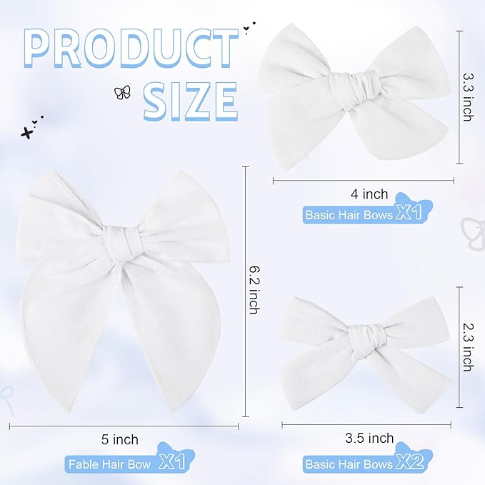 DEEKA 4 PCS White Cotton Linen Hair Bows 3 Styles 5" & 4" Handmade Hair Bow set for Toddler Girls Alligator Hair Clips Knot Bows Hair Accessories for Little School Girls (White)
