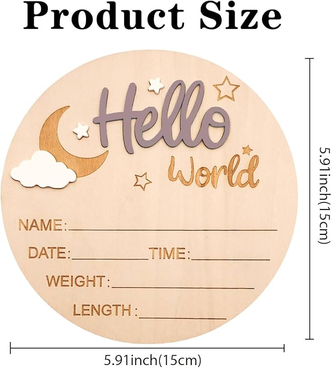 Baby Announcement Sign, 5.9 Inch Wooden Hello World Newborn Signs, Birth Announcement Sign and Pen, Moon and White Cloud Decoration, Welcome Newborn Arrival to World, Hospital Nursery for baby (Light Brown)