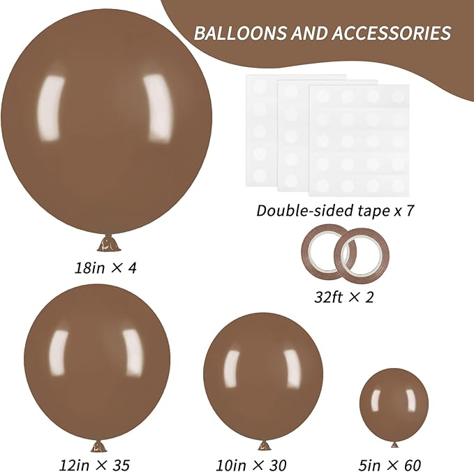 RUBFAC 129pcs Brown Balloons Different Sizes 18 12 10 5 Inches for Garland Arch Kit, Premium Boho Coffee Brown Latex Balloon for Birthday Party Graduation Wedding Anniversary Baby Shower Decoration