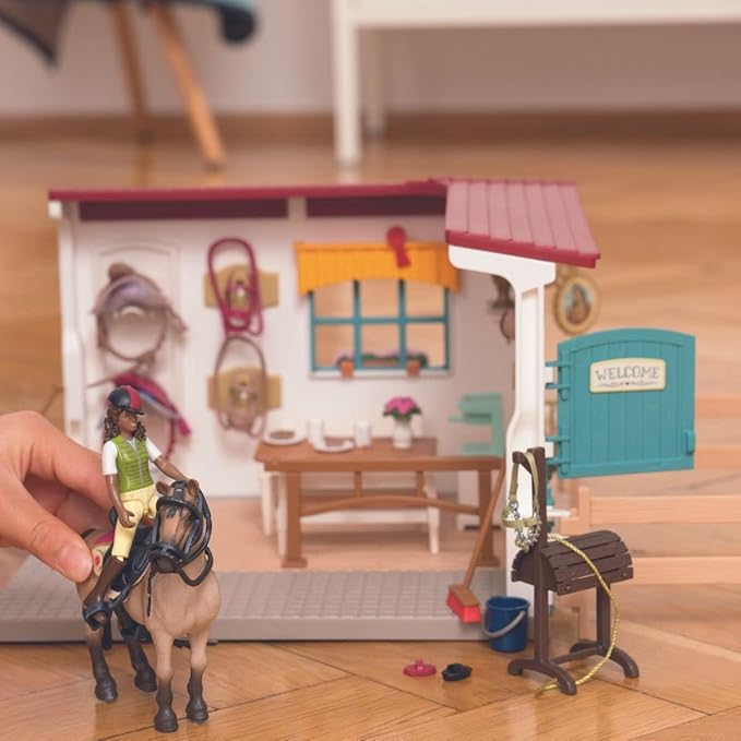 Schleich Horse Club - 85 PC Tack Room Stable Extension Toy Playset with Rider Sarah Action Figure, Horse Figurine and Accessories for Girls and Boys - Interactive, Realistic Kids Toys Ages 5+ | 42591
