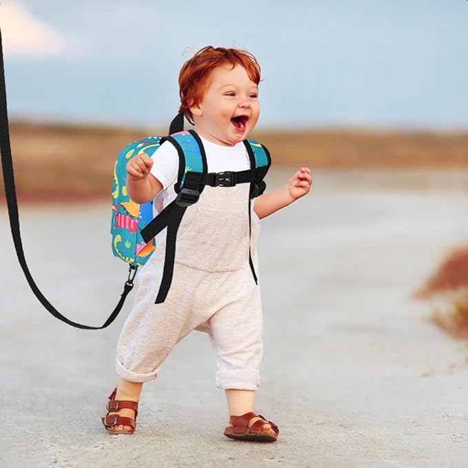 Accmor Toddler Backpack Leash with Anti Lost Wrist Link, Cute Mini Child Walking Harnesses Keep Kids Close Back Pack Rope Tether Rein for Baby Boys (Turquoise/Dino)