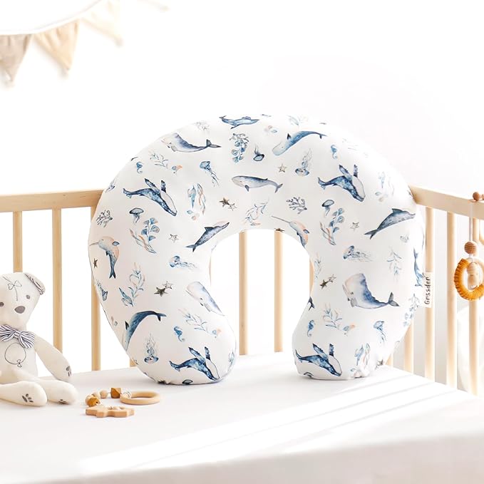 GRSSDER Reversible Nursing Pillow Cover, Ultra Soft Stretchy Minky Removable Nursing Covers Fitted for Breastfeeding Pillows Snug and Safe, Sea Fish