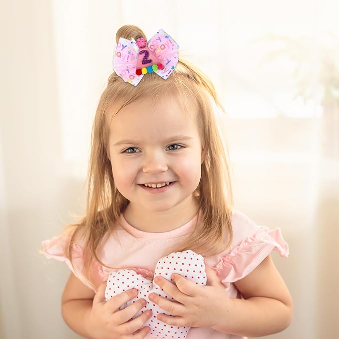 Birthday Hair Bow for Baby Girls 1 2 3 4 5 6 Year Old Sprinkle Hair Clips Happy Birthday Decorations for Girls Toddlers With Pom-Poms Ice Cream Candy Party Pink Hair Accessories for 2nd Sweet Party