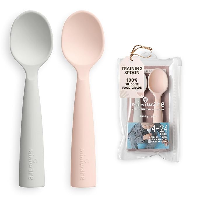 Miniware Silicone Baby Spoon for Training - BPA Free Baby Utensils - Baby Spoons Self Feeding 6 Months | 100% Food Grade Silicone - Modern & Dishwasher Safe Toddler Spoons (Grey and Peach)