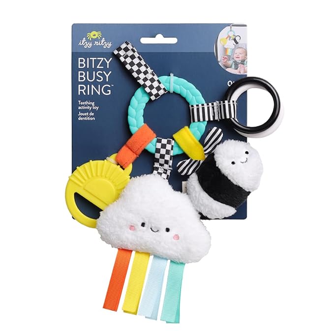 Itzy Ritzy Teething Activity Toy - Bitzy Busy Ring Infant Teething Toy Features Braided Ring & Dangling Toys, Includes Teether, Ribbons, Crinkle Sound & Jingle Bell - 0 Months & Up (High Contrast)