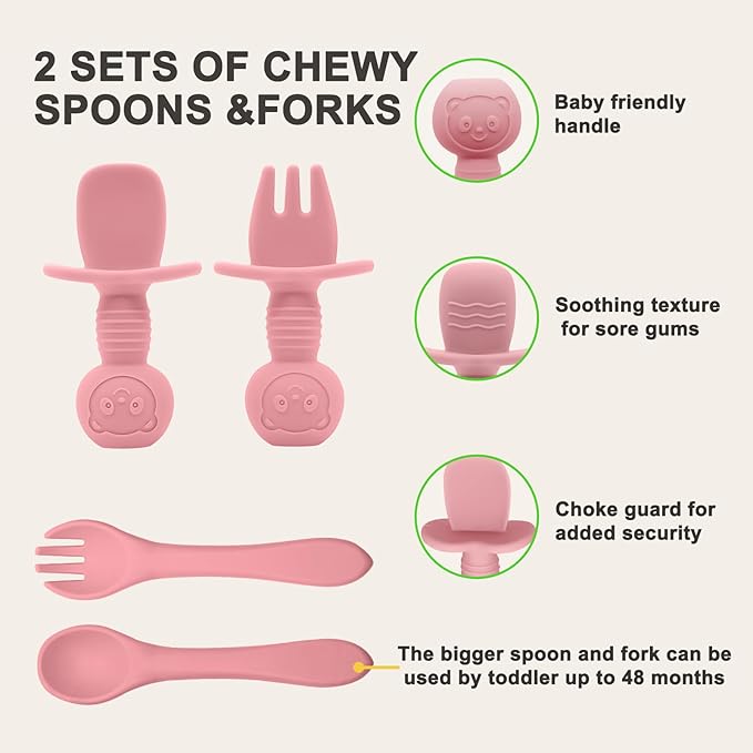 Silicone Baby Feeding Set | Baby Led Weaning Supplies Includes Suction Bowls and Divided Plates, Adjustable Bib, Baby Utensils Spoons and Forks,Cup | Baby Feeding Essentials (Pink)