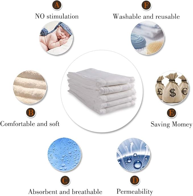 Fasoar Cotton Prefold Cloth Diapers - 100% Unbleached Premium Cotton, 6 Ply Baby Washable Diapers for Babies to Toddlers Multi-Use (10-35 lbs)(6ply 6 Count 01)
