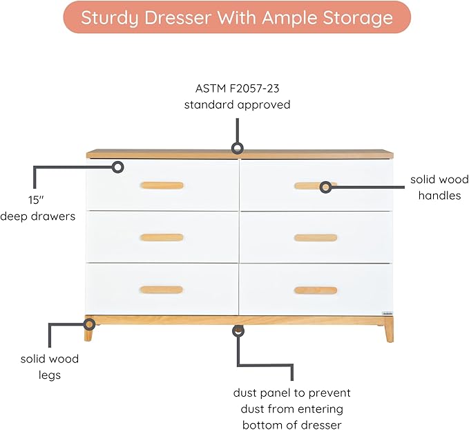 dadada LaLa 6 Drawer Dresser for Nursery - Modern Design, Deep Drawers, Baby-Safe Finish, Anti-Tip Safety, Durable Construction, Extra Wide 55” Dresser. (Big 6-Drawer)