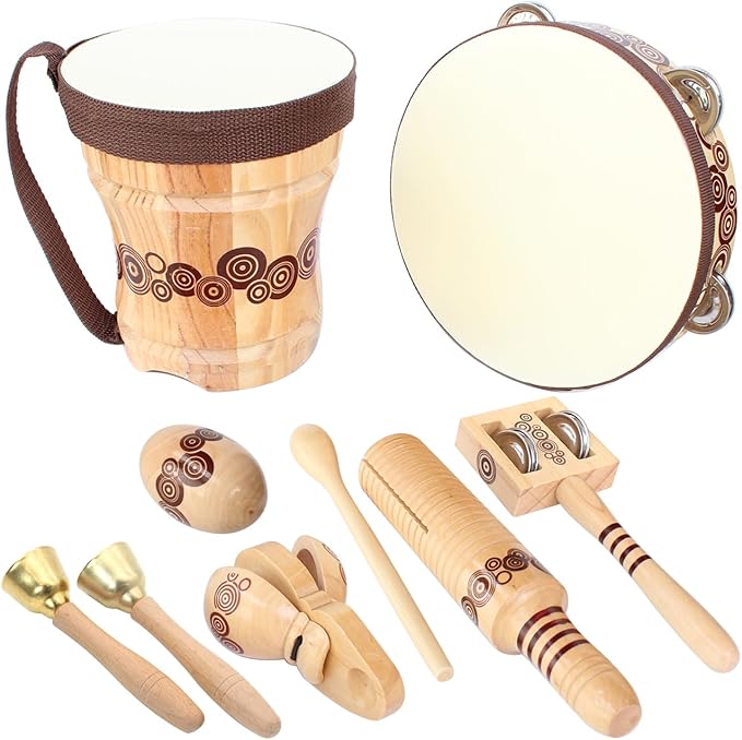 Wooden Musical Instruments Set for Kids,7 Types Percussion Set,Bongo Drum,Tambourine 8 inch...Natural Sheepskin Drumhead,Toddler Musical Toys,Gift for Rhythm Montessori Class Education