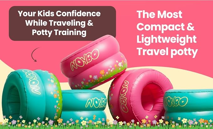 Travel Potty Seat for Toddlers - Inflatable Portable Toilet Kids Chair, Foldable Compact Lightweight Potty for Camping Road Trips, Outdoor Car Travel, Holds 66 lbs and 20 Durable Disposable Bags